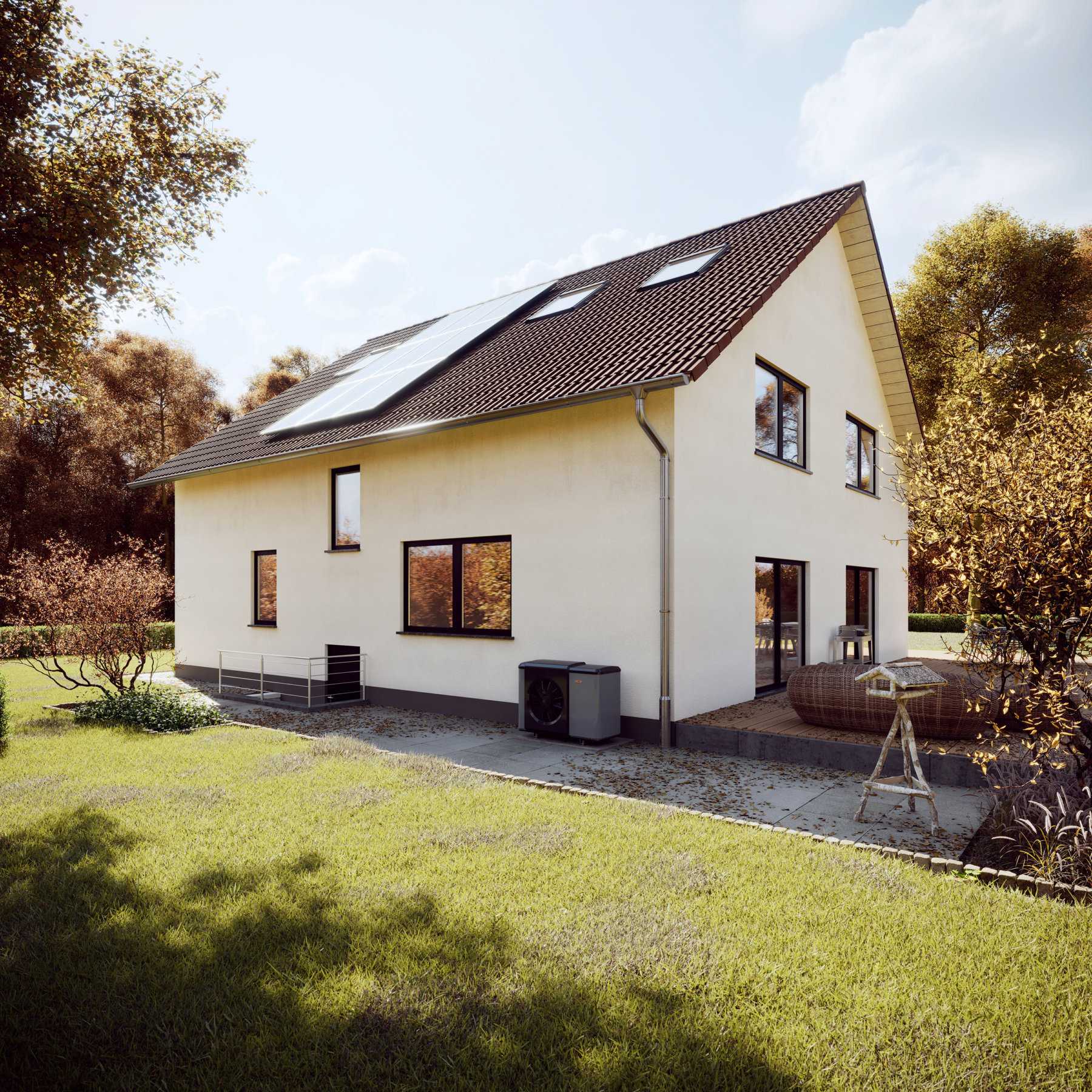 Haus mit PV-Anlage und Wärmepumpe
